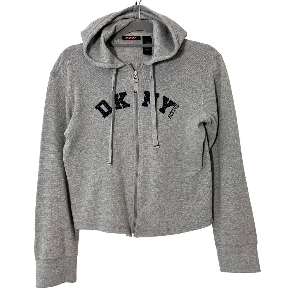 DKNY Hoodie Sweatshirt Womens M Grey‎ Waffle Knit Full Zip Spell Out Logo Y2K